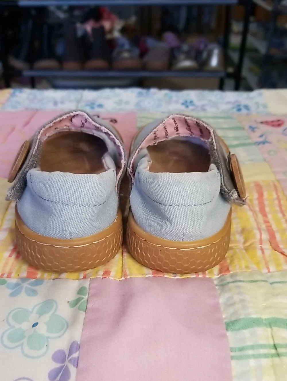 Livie & Luca Light Blue Canvas Mary Janes w/Gray Strap & Wood Buttons 5 Carta